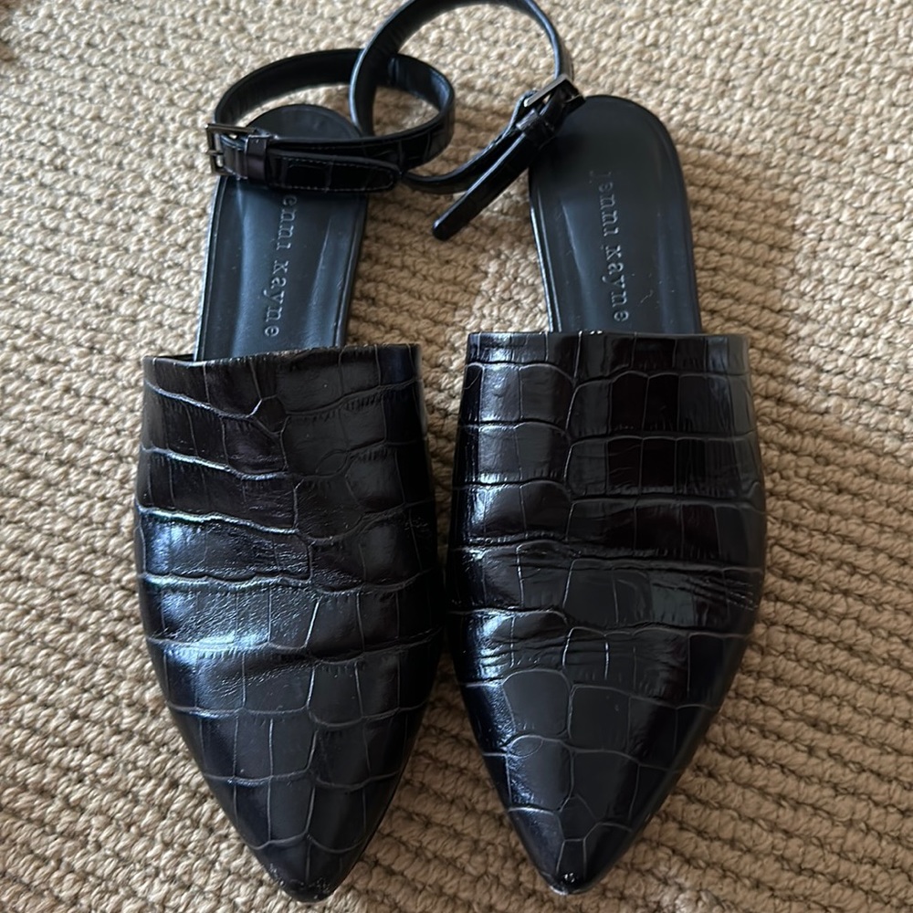 Jenni Kayne Embossed Leather Mules with Ankle straps black